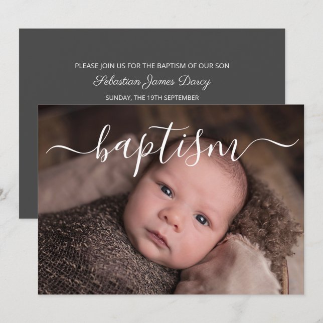 Invitation Typographie manuscrite de script baptême (Devant / Derrière)