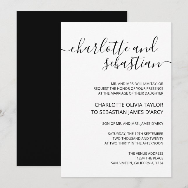 Invitation Typographie manuscrite de script noir blanc élégan (Devant / Derrière)
