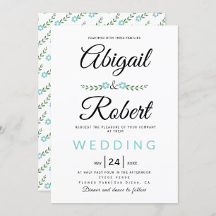Invitation Typographie manuscrite fleurs d'aqua mariage simpl