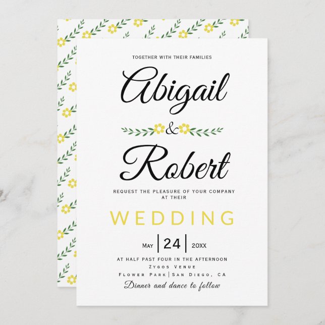 Invitation Typographie manuscrite fleurs jaunes mariage (Devant / Derrière)