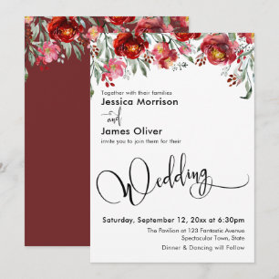 Invitation Typographie mariage avec Fleurs Rouges Bourgogne
