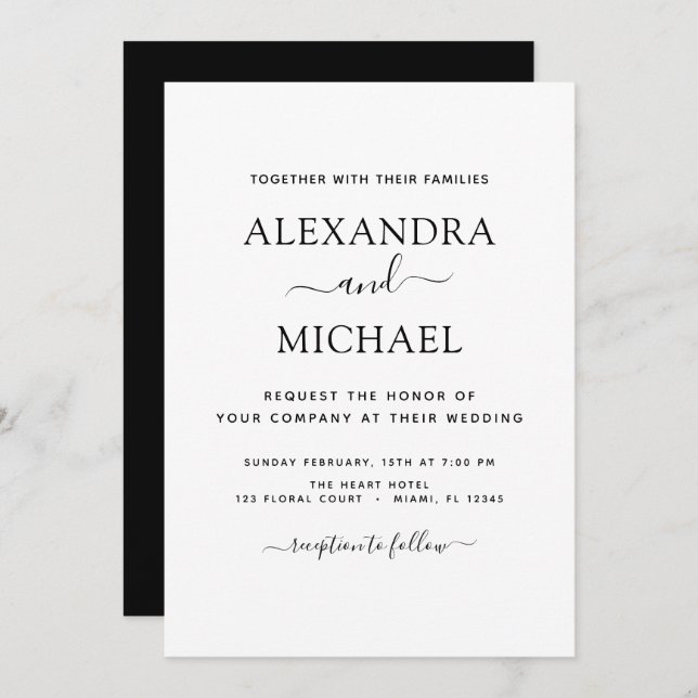 Invitation Typographie mariage noir et blanc élégante (Devant / Derrière)