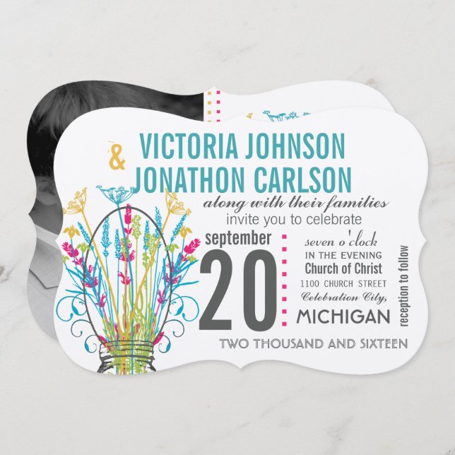 Invitation Typographie Mason Jar Coral Jaune Bleu Vert (Devant / Derrière)