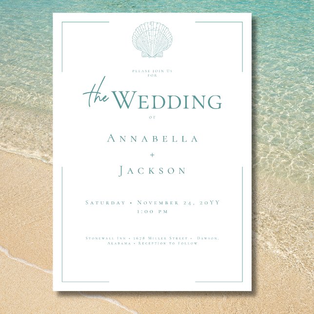 Invitation Typographie minimale Aqua & White Shell Mariage (Minimal Typography Aqua White Shell Wedding Invitation)