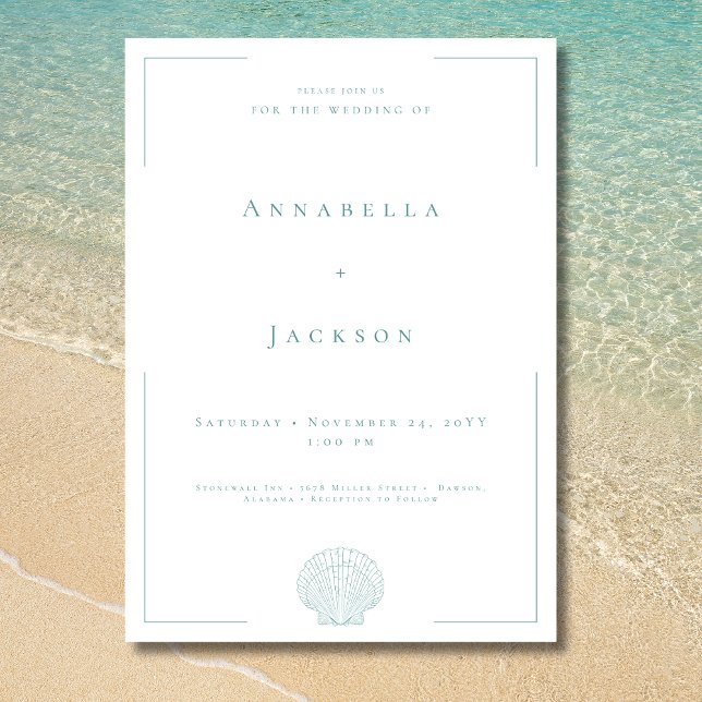 Invitation Typographie minimale Aqua & White Shell Mariage (Minimal Typography Aqua White Shell Wedding Invitation)