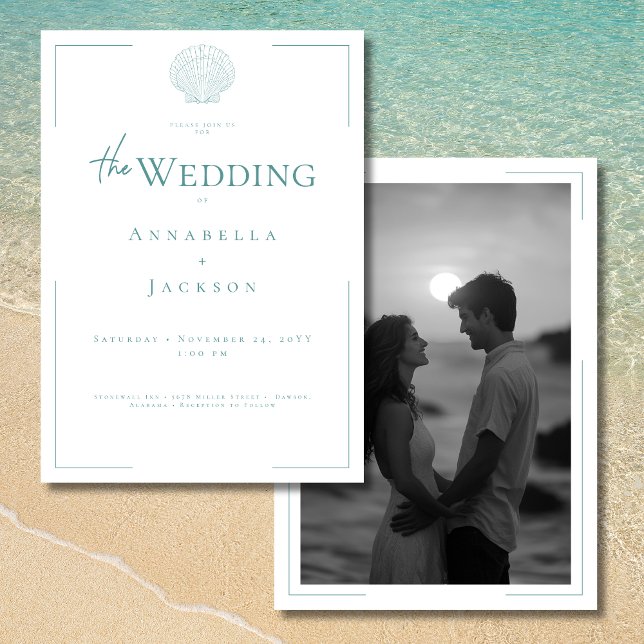 Invitation Typographie minimale Aqua White Shell Photo Mariag (Minimal Typography Aqua White Shell Photo Wedding Invitation)