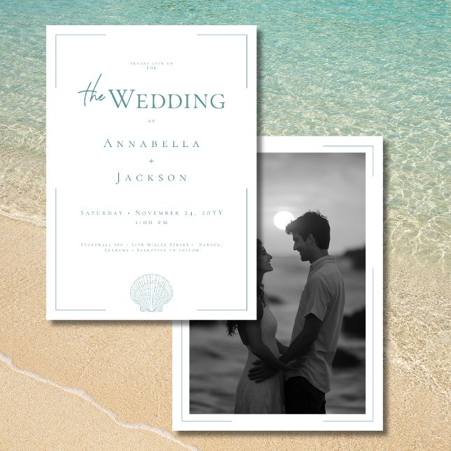 Invitation Typographie minimale Aqua White Shell Photo Mariag (Minimal Typography Aqua White Shell Photo Wedding Invitation)