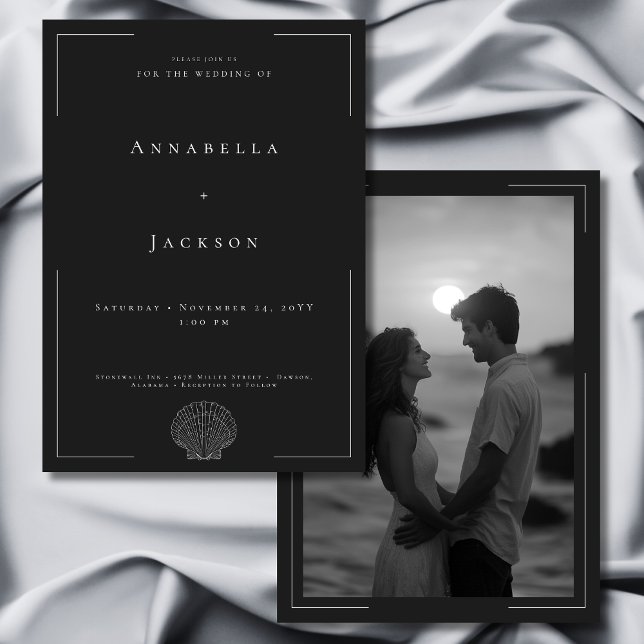 Invitation Typographie minimale Mariage photo Black White She (Minimal Typography Black White Shell Photo Wedding Invitation)