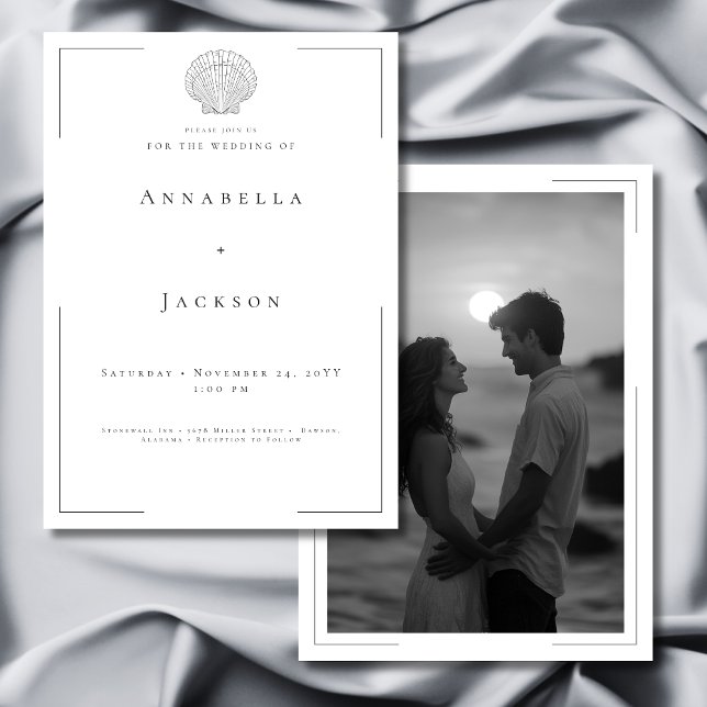 Invitation Typographie minimale Mariage photo Black White She (Minimal Typography Black White Shell Photo Wedding Invitation)