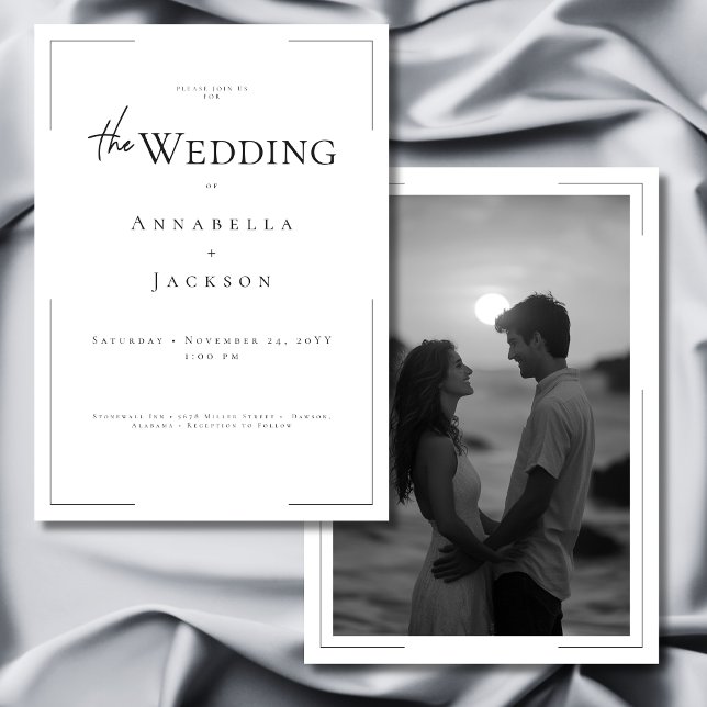 Invitation Typographie minimale Mariage photo noir et blanc (Minimal Typography Black & White Photo Wedding Invitation)