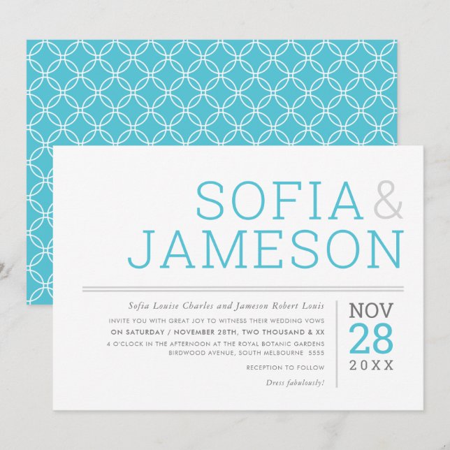 Invitation TYPOGRAPHIE MINIMALE simple moderne bleu turquoise (Devant / Derrière)