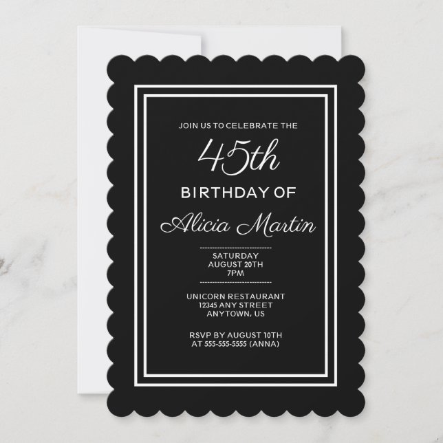 Invitation Typographie moderne 45e anniversaire Noir et Blanc (Devant)