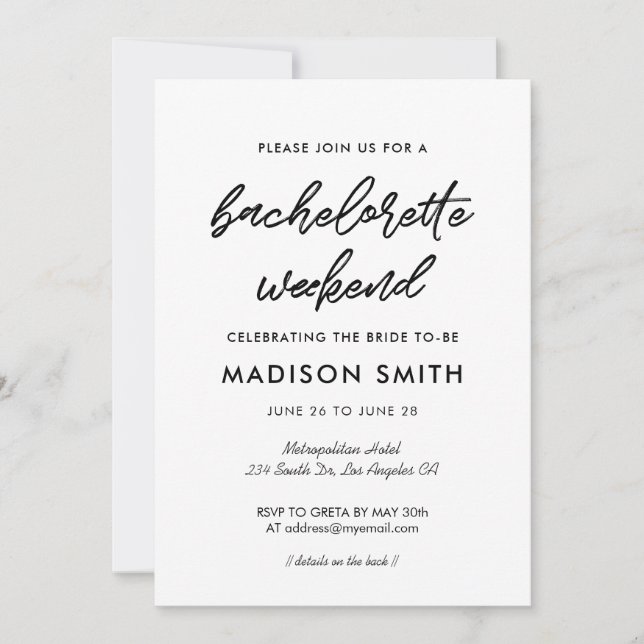 Invitation Typographie moderne Bachelorette Week-end (Devant)