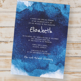 Invitation Typographie moderne Bat mitzvah d'aquarelle bleu