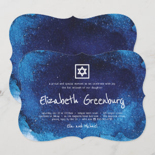 Invitation Typographie moderne Bat mitzvah d'aquarelle bleu