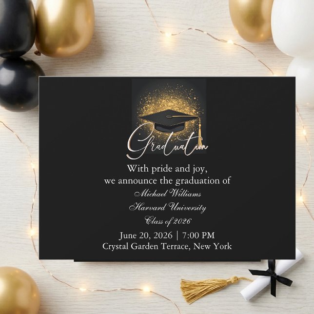 Invitation Typographie Moderne Casquette Noire Monochrome Rem (Modern Typography Black Cap Monochrome Graduation Invitation)