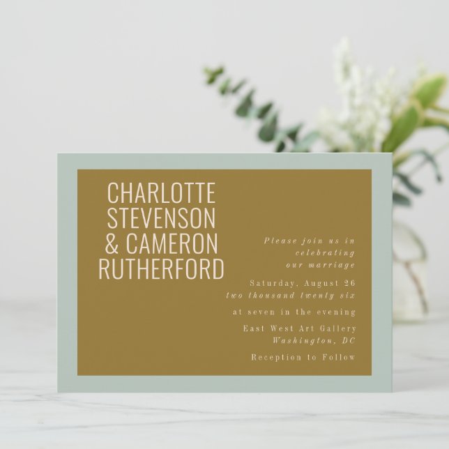 Invitation Typographie moderne chic Mariage bleu et olive (Debout devant)
