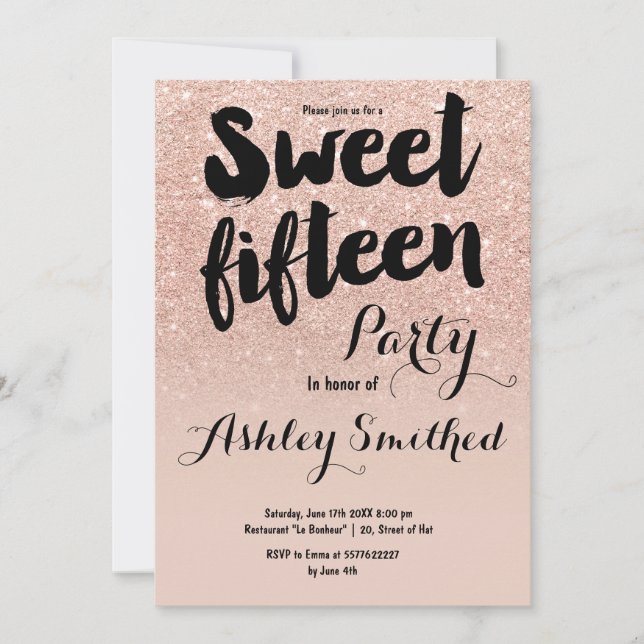 Invitation Typographie moderne de faux or rose pailleté Sweet (Devant)