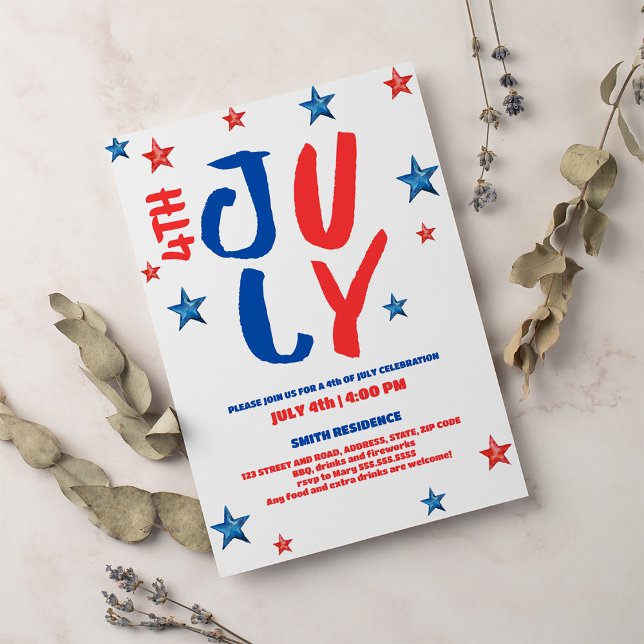 Invitation Typographie moderne de l'aquarelle rouge 4 juillet (Créateur téléchargé)