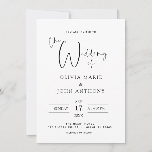 Invitation Typographie moderne du Mariage noir blanc (Devant)