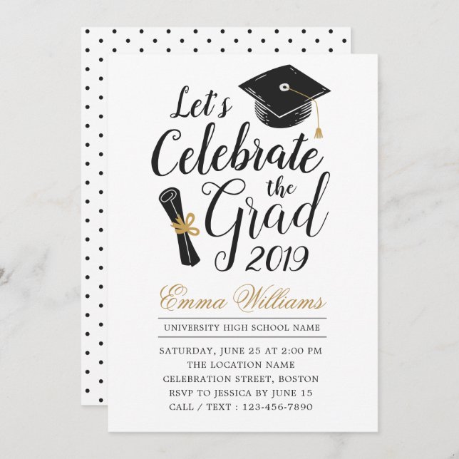 Invitation Typographie moderne élégante Noir Blanc Graduation (Devant / Derrière)