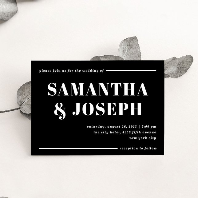 Invitation Typographie moderne et audacieuse | Mariage minima (A bold, modern wedding invitation in dark black with contrasting white typography)