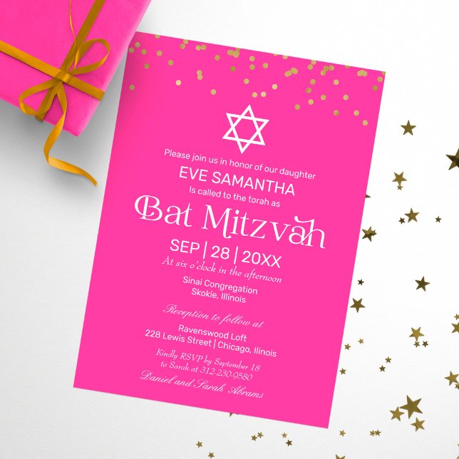 Invitation Typographie moderne Gold Confetti Bat mitzvah rose (Créateur téléchargé)