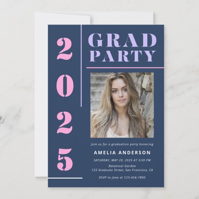Invitation Typographie moderne Gras Bleu Photo Graduation Par (Devant)