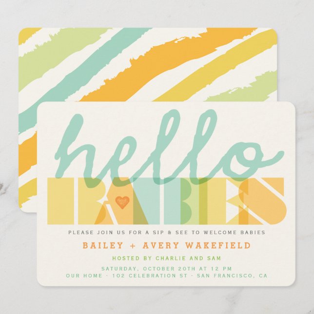 Invitation Typographie Moderne Hello Babies Jumeaux Sip & See (Devant / Derrière)