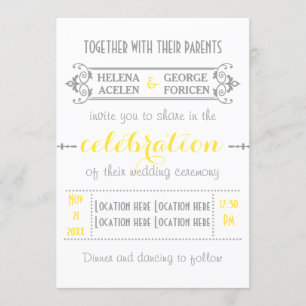 Invitation Typographie moderne jaune, gris mariage