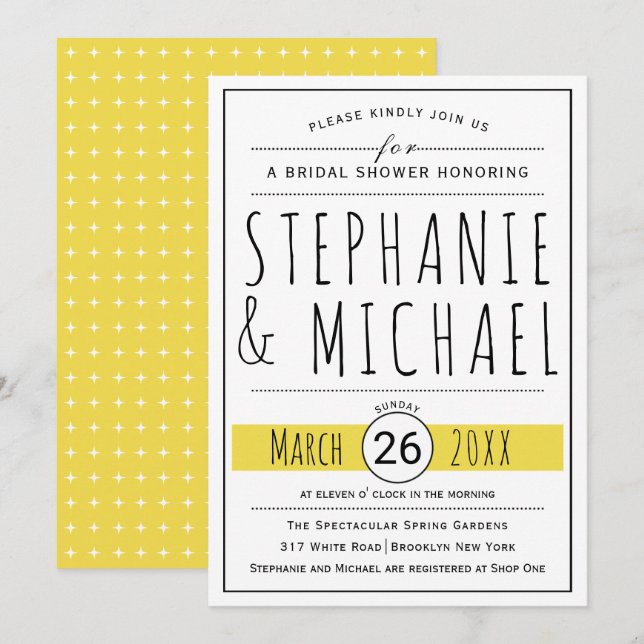 Invitation Typographie moderne jaune mariage douche nuptiale (Devant / Derrière)
