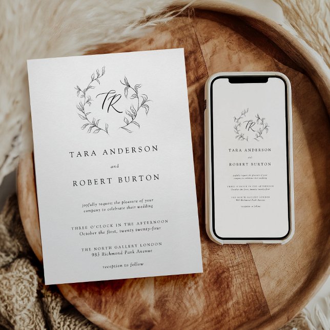 Invitation Typographie moderne Mariage botanique noir et blan (Créateur téléchargé)