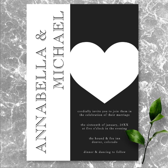 Invitation Typographie moderne Mariage de coeur noir blanc (Modern Typography Black White Heart Wedding Invitation)