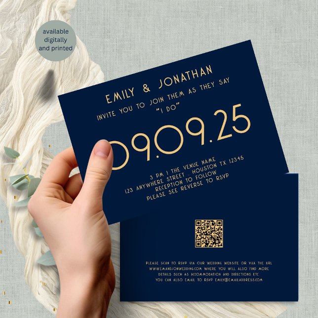 Invitation Typographie moderne Marine Mariage d'or bleu (Front and back view)
