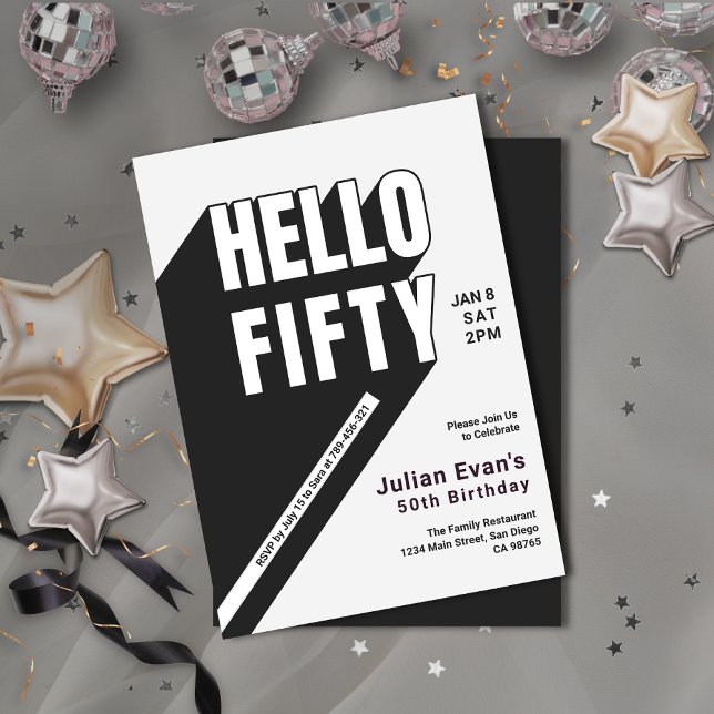 Invitation Typographie moderne noir & blanc audacieuse 50e an (Modern Black & White Bold Typography 50th Birthday Invitation)