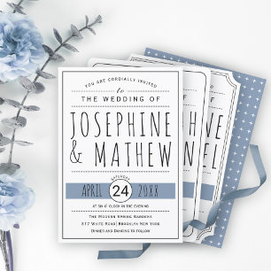 Invitation Typographie moderne noir, blanc mariage bleu pouss
