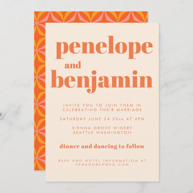 Invitation Typographie moderne Orange Retro Mariage tout en u (Devant / Derrière)
