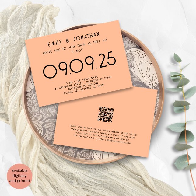 Invitation Typographie moderne Peach Mariage (Front and back view)