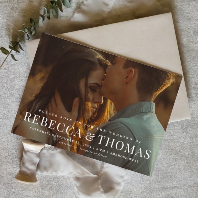 Invitation Typographie Moderne Photo Mariage (Elegant photo wedding invitation with minimal typography overlay.)