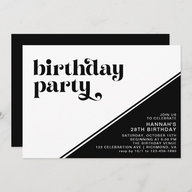 Invitation Typographie moderne rétro | Anniversaire noir et b (Devant / Derrière)