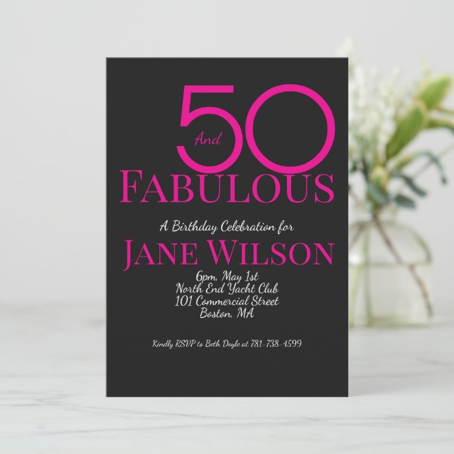 Invitation Typographie Moderne Rose Noir 50 Anniversaire Fabu (Debout devant)