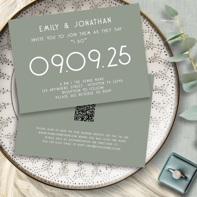 Invitation Typographie moderne Sage Mariage vert (Frotn and back view)