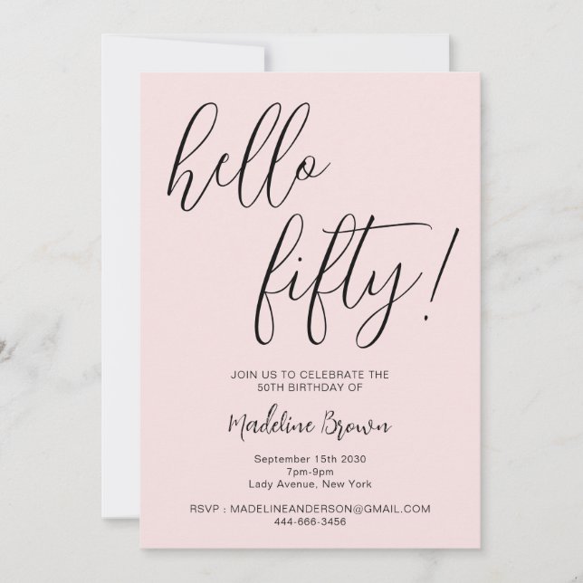Invitation Typographie moderne Script Blush Pink 50e annivers (Devant)