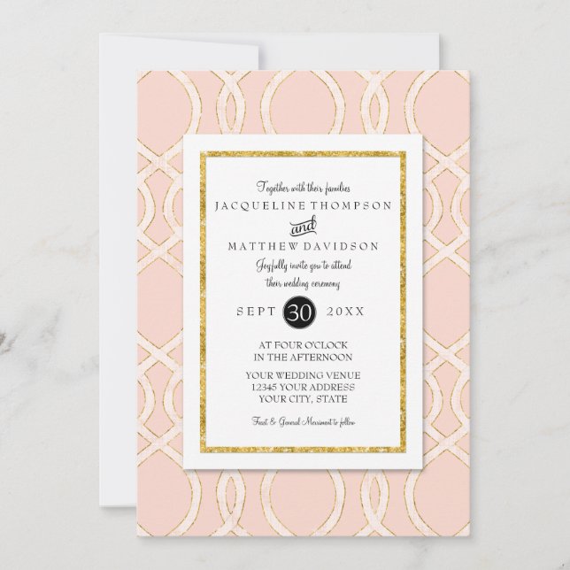 Invitation Typographie Motif de Trellis moderne rose et or (Devant)