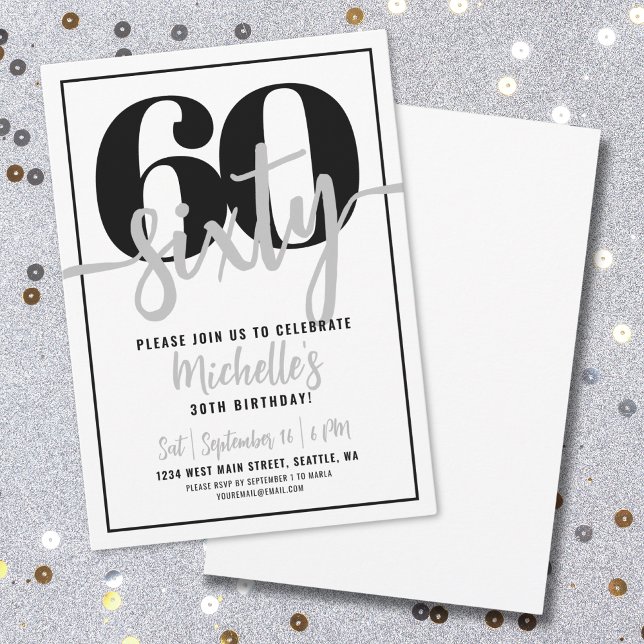 Invitation Typographie Noir Blanc Moderne Fête d'anniversaire (Modern Black White Typography 60th Birthday Party Invitation)
