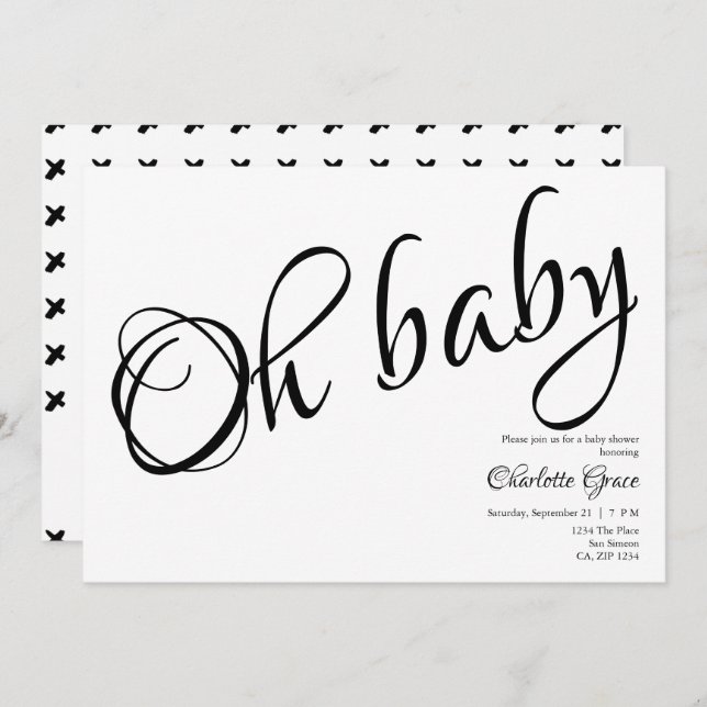 Invitation Typographie Noir Blanc Oh Baby shower Coeur Baiser (Devant / Derrière)