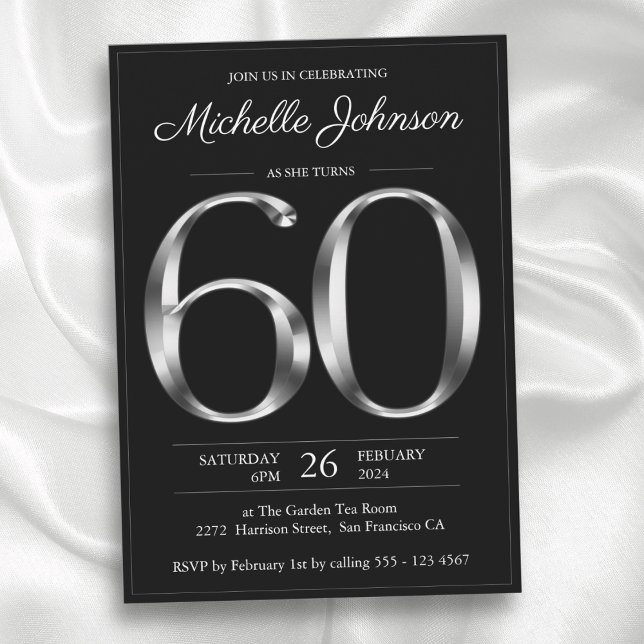 Invitation Typographie noir et argent 60e anniversaire (Black and Silver Typography 60th Birthday Invitation)