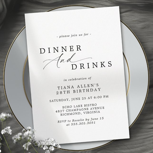 Invitation Typographie noir et blanc Dîner d'anniversaire adu (Créateur téléchargé)