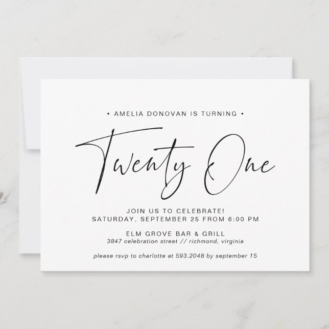 Invitation Typographie noir et blanc | Simple 21ème anniversa (Devant)