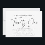 Invitation Typographie noir et blanc | Simple 21ème anniversa<br><div class="desc">Invitations modernes de 21ème anniversaire avec "vingt un" dans un script manuscrit. Conception minimaliste,  texte seulement avec police noire contrastée sur un arrière - plan blanc.</div>